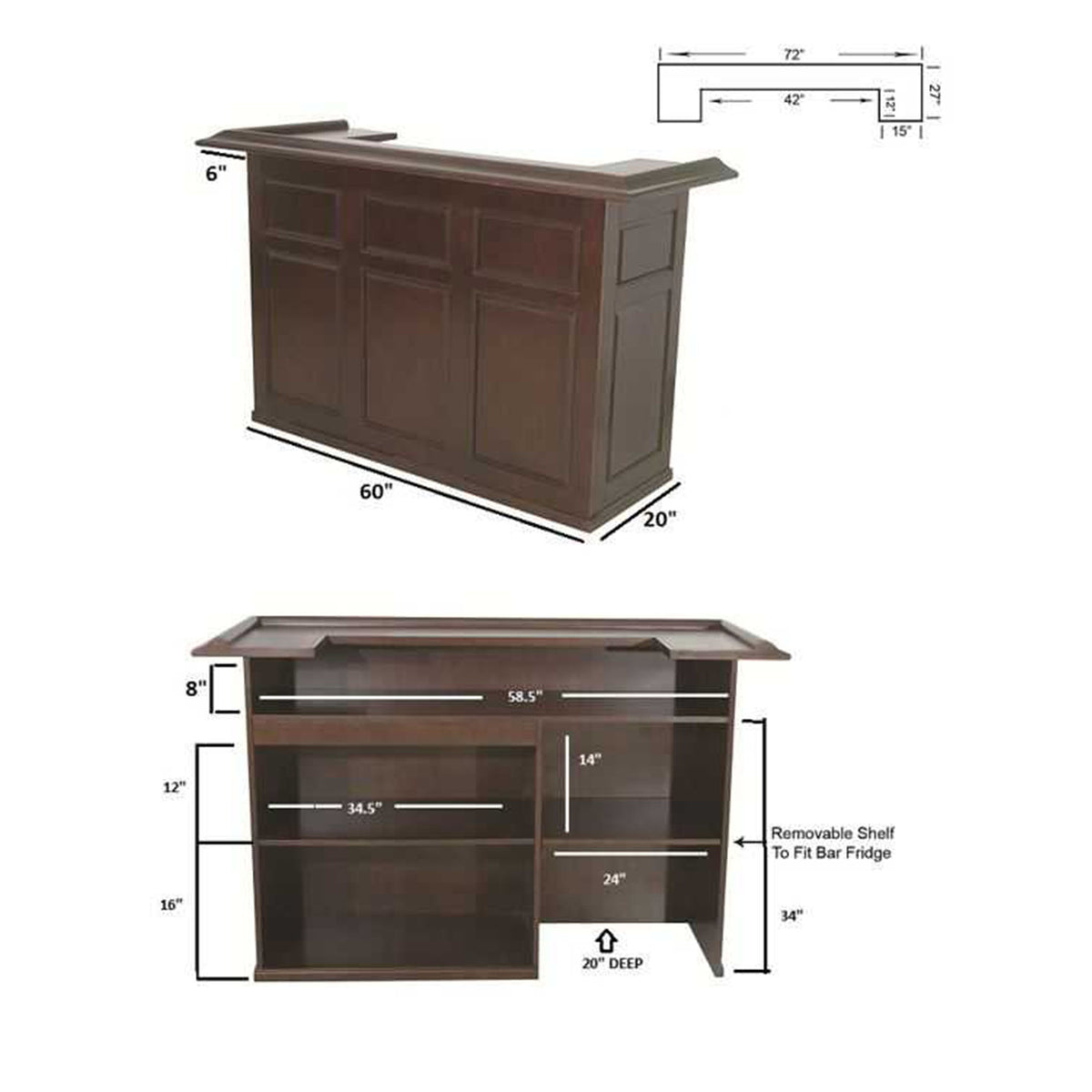 RAM Game Room 72" Pub Style Dry Bar - dimensions diagram