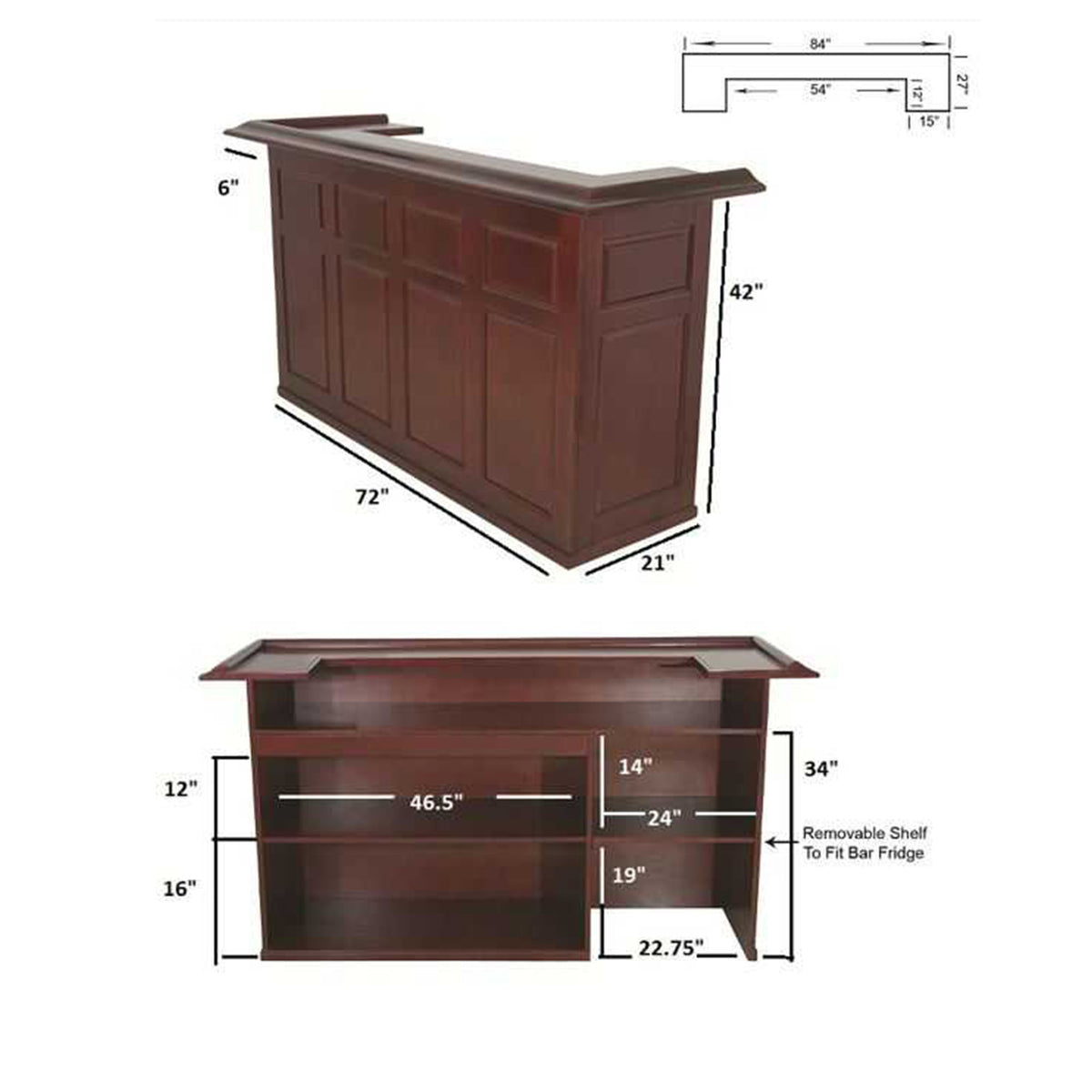 RAM Game Room 84" Pub Style Dry Bar - dimensions diagram